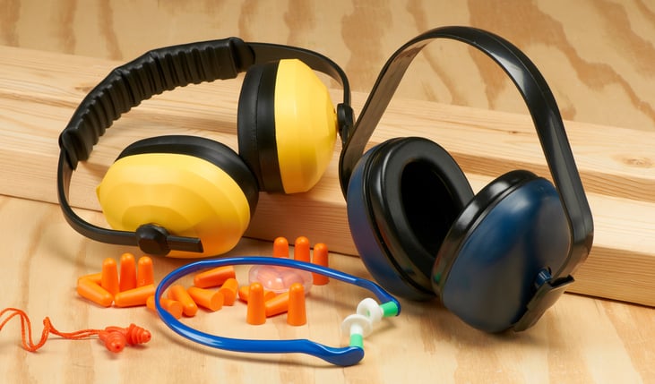 A Collection of Hearing Protection Equipment including earmuffs and earbuds